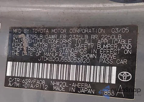 2005 Toyota Prius from USA, damaged, VIN JTDKB20U553053820